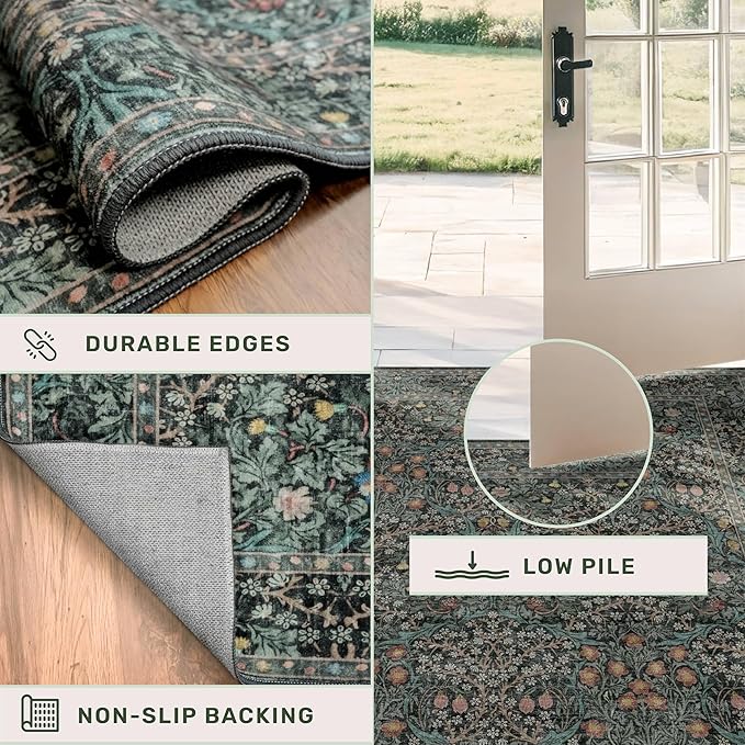 Dark Green Washable 3x12 Extra Long Runner Rug