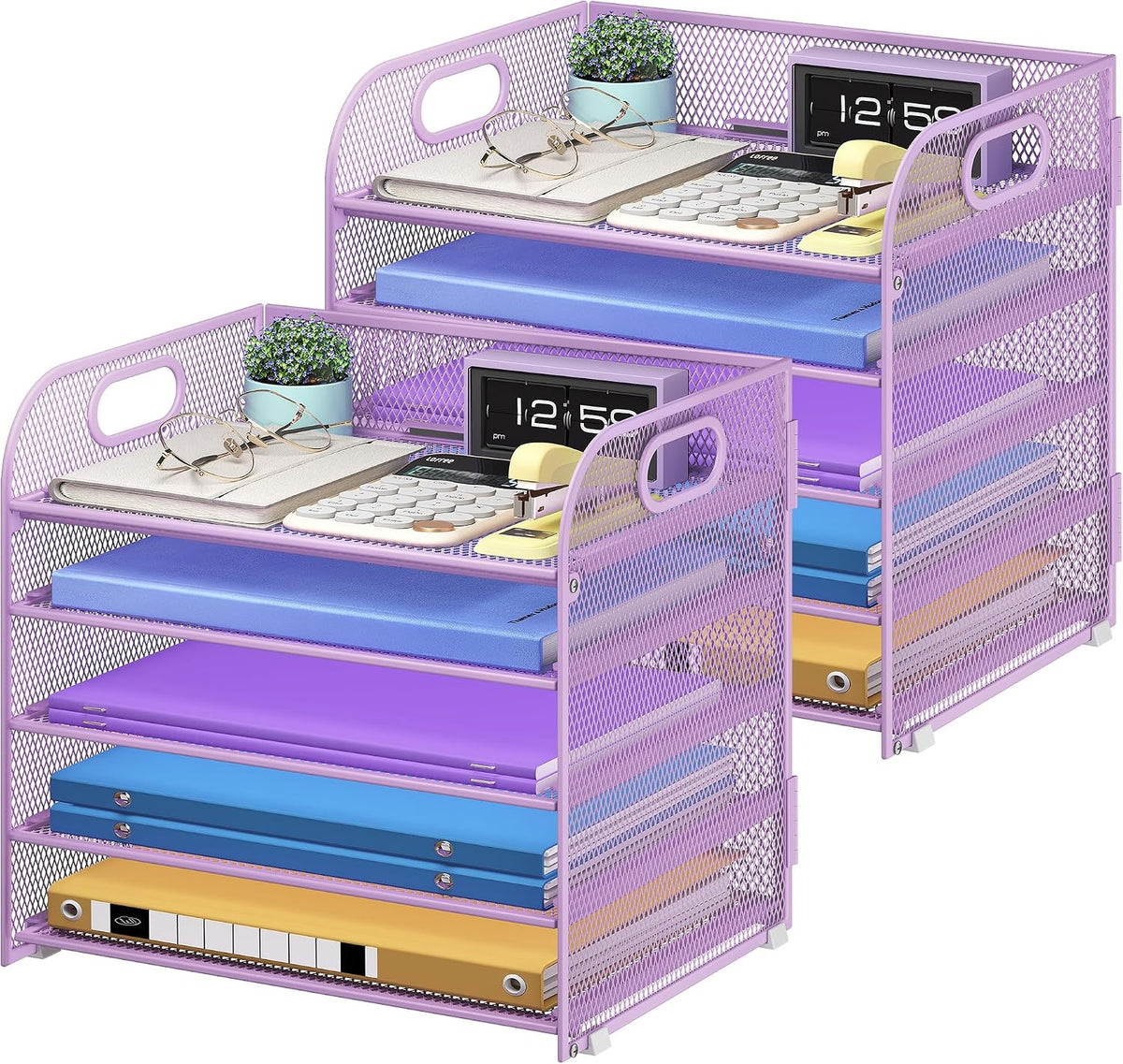 Cawukege 2 Pack 5 Tier Paper Organizer, Letter Tray with Handle, Mesh Desk Organizer, Metal File Organizer, Office Desk Accessories for Home, Office, Classroom, School -Purple