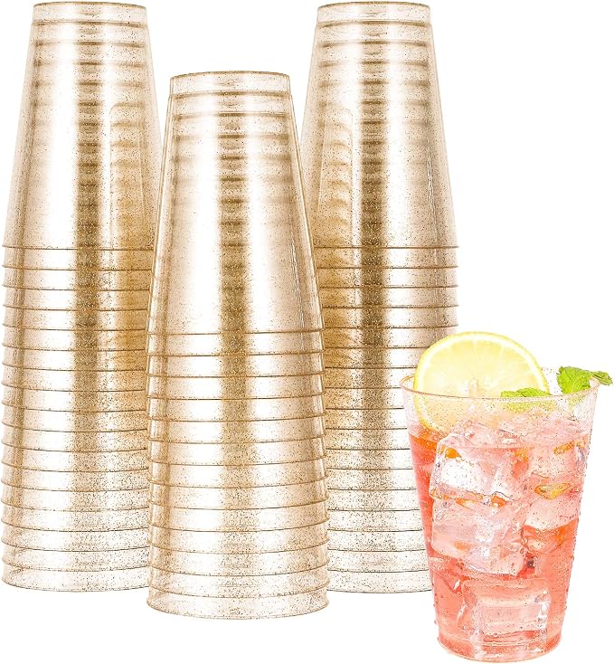 JOLLY CHEF 14 oz 50 Pack Gold Plastic Cups, Disposable Gold Glitter Plastic