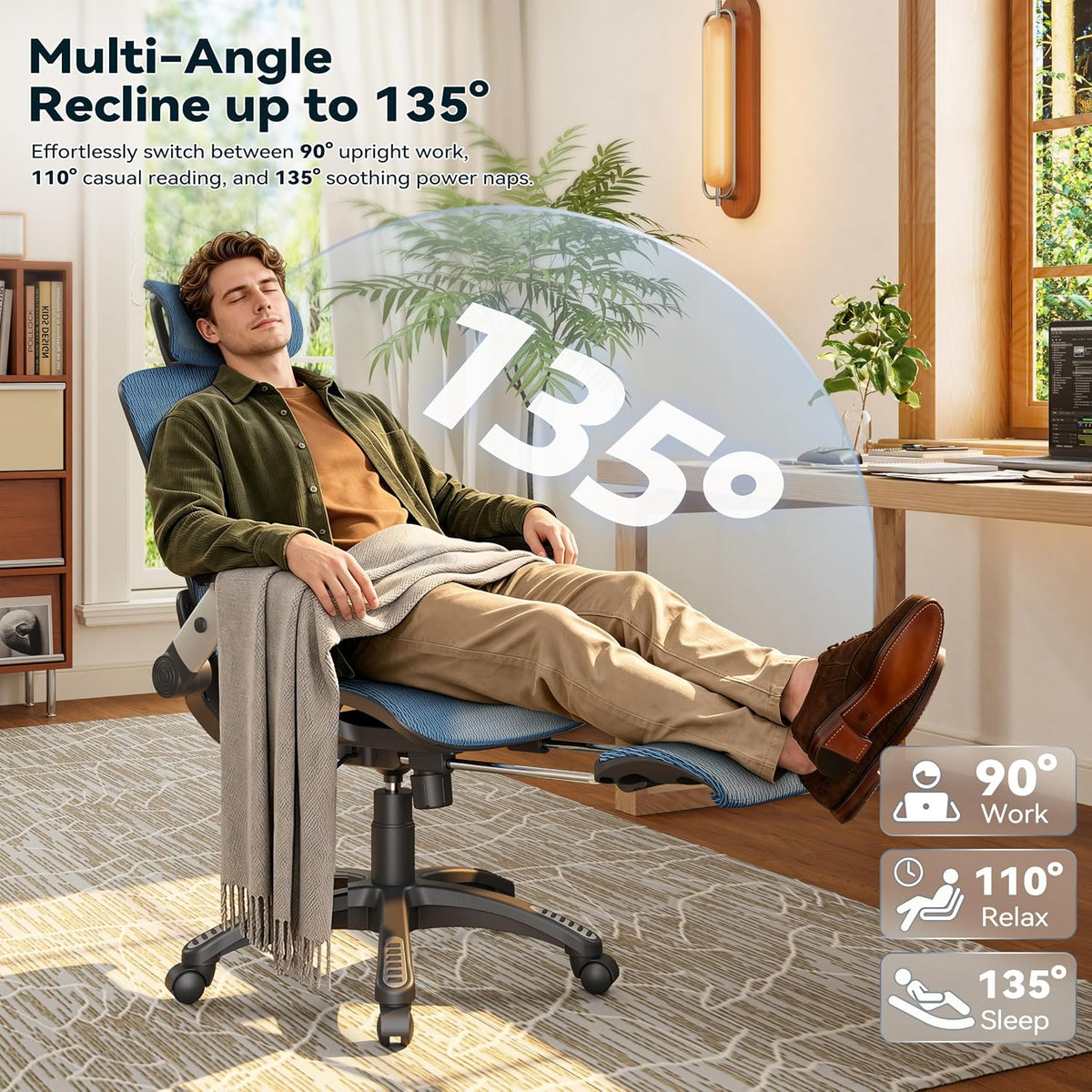 Ergonomic Office Chair with Footrest – High Back Executive Mesh Desk Chair for Corporate & Home, 135° Recline Task Computer Chair with Flip-Up Arms, Wide Seat, Class-4 Cylinder, 300 LBS - GY01BL-FT