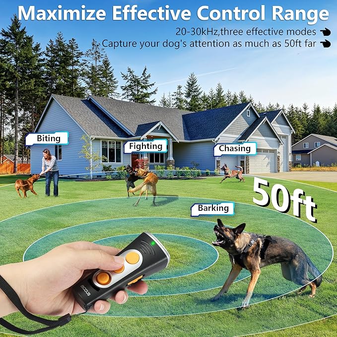 MODUS New Anti Barking Device, 4X Ultrasonic Emitters Dog Bark Deterrent Device, Rechargeable Handheld Dog Barking Control Devices Dog Training&Behavior Aids with 50ft Range Indoor Outdoor
