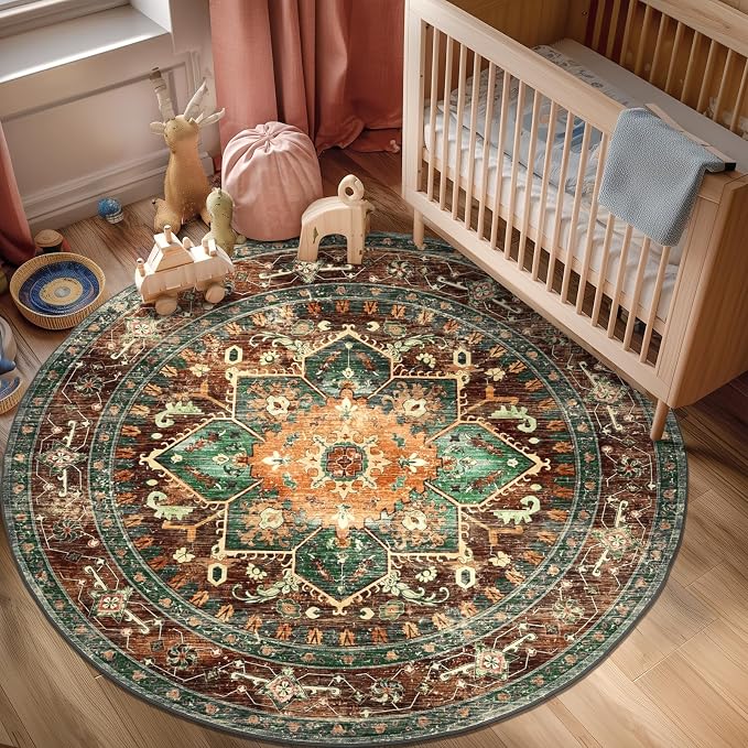 Yamaziot 6FT Round Washable Area Rug, Non-Slip Boho Circle Rugs