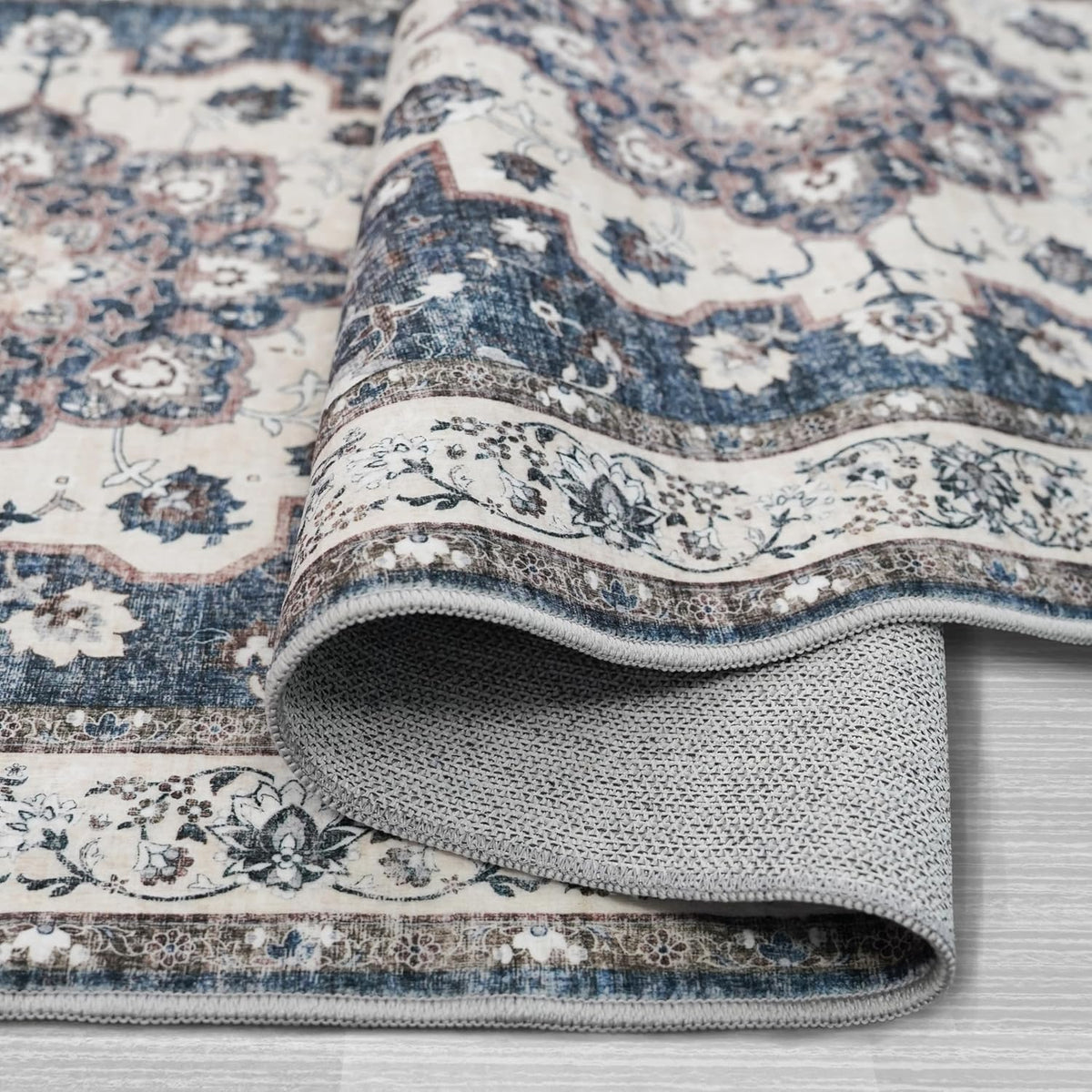 Washable 3x4 Entryway Area Rug: Non-Slip Stain Resistant Floor Mat Light Weight Thin Runner Rug for Hallway Kitchen Bedside Soft Low-Pile Indoor Entrance Carpet for Family with Cats & Dogs (3x4,Blue)
