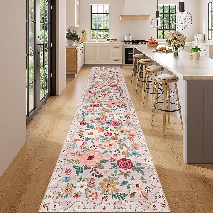 DUKINO 2.6x14 Kitchen Runner Rug, Lightweight Floral Washable Rug