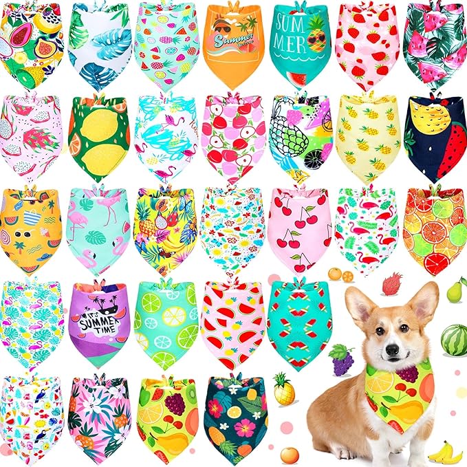 Eccliy 30 Pack Summer Fruit Dog Bandanas Bulk Soft Triangle Dog Scarfs Polyester Bandana Pet Costume Cute Scarf Bibs with Flowers Patterns for Small Medium Large