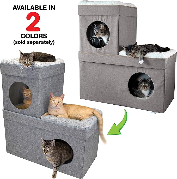 Kitty City Large Stackable Cat Condo & Cube House, Modular Indoor Cat Furniture with Plush Washable Beds, Collapsible Cat Cave & Lounging Ottoman, Tan