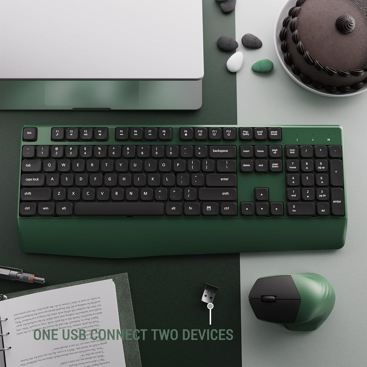 MPTOG Ergonomic Wireless Keyboard and Mouse Combo, Dark-Green Black