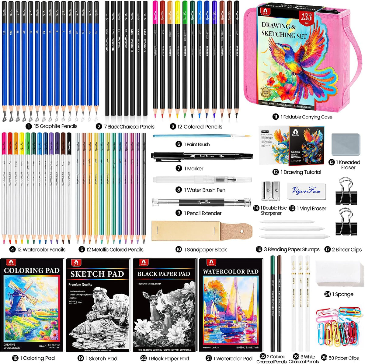 133 PCS Art Supplies Sketching Kit, Pro Drawing Pencils Art Kit Pink Gift