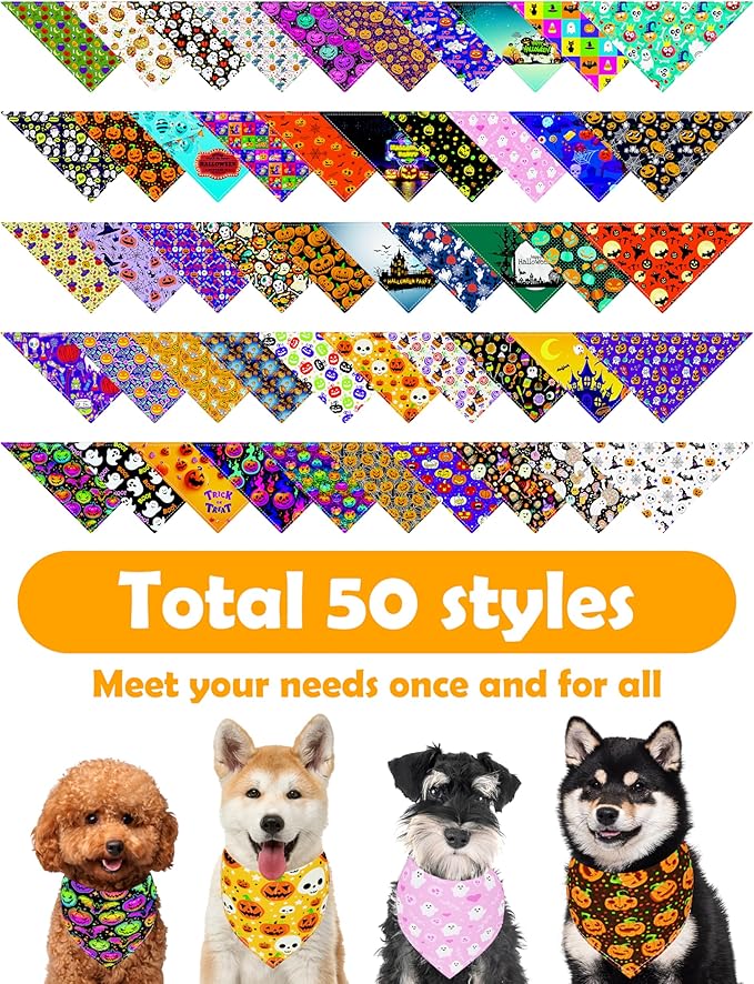 PET SHOW 50 Pack Halloween Big Dog Bandanas Bulk XL Washable Triangle Bibs for Medium Large Dogs Girl Boy Ghost Pumpkin Kerchief Set Pet Scarves Holiday Grooming Accessories