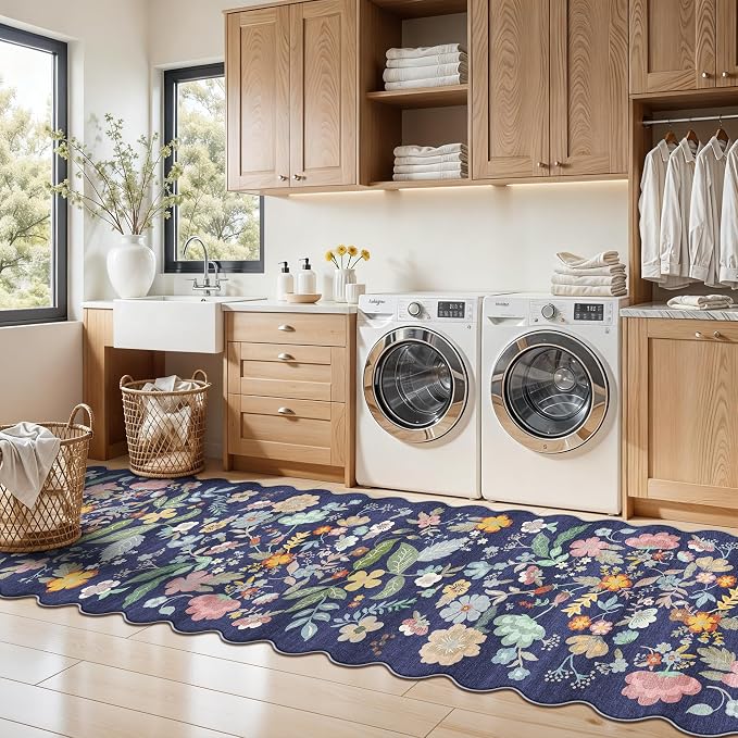 Washable Non-Slip Runner Rug 2x8: Water-Resistant Floral Kitchen Rug Indoor Low