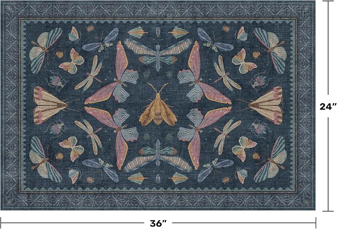 Dark Blue 2x3 Small Rugs for Bathroom Non Slip, Washable Vintage Boho Insect