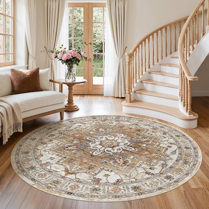 Madane Washable 6ft Circle Round Rug, 6x6 Circular Rugs Non-Slip Vintage Area