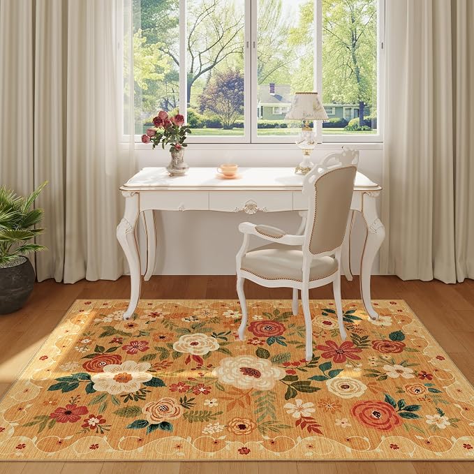 DUKINO 4x6 Area Rug, Lightweight Non Slip Washable Floral Rug, Indoor Low Pile