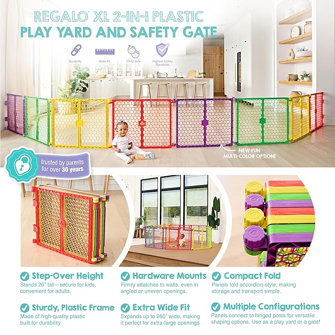 Regalo Safety 260" Super Wide Baby Gate & 8-Panel Playpen, 2-in-1 Convertible Baby Play Yard, Large Foldable Play Pen for Babies, Toddlers & Pets, Includes Wall Mount Kit, Multi-Colored