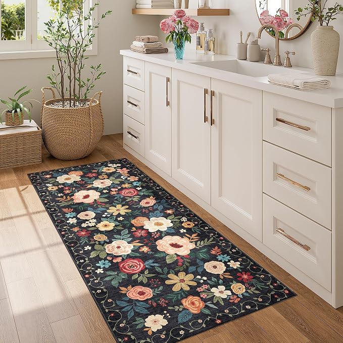 DUKINO 2x5 Runner Rug for Hallway, Washable Kitchen Floral Runner Rug