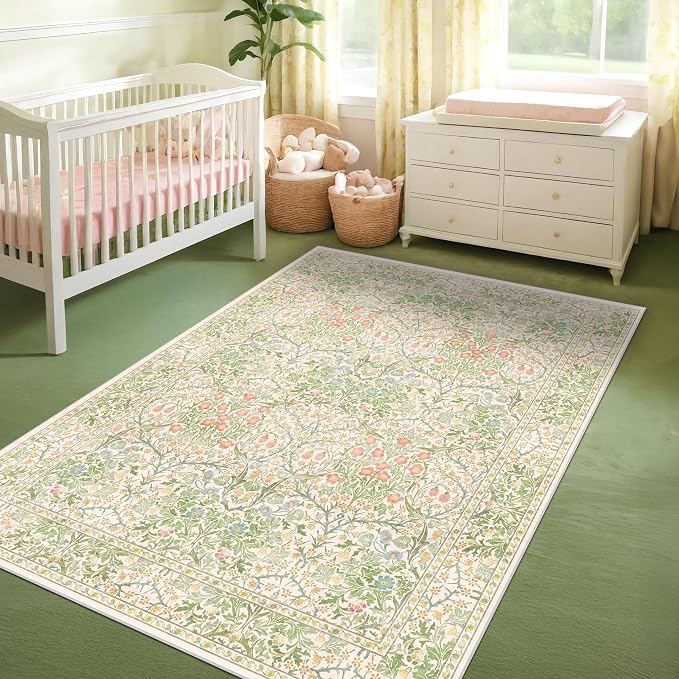 Beige Green 4x6 Washable Area Rug