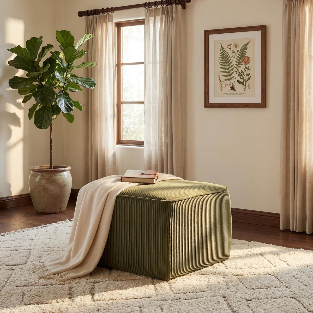 Christopher Knight Home Isa Corduroy Pouf Ottoman Foot Rest, Square Fabric Pouffe Ottoman Footstool, Living Room Sofa Couch Extra Seat, Modern Coffee Table for Home Office/Bedroom, Olive Green