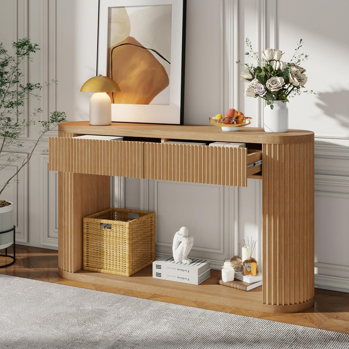 Elegant Oval Fluted Entryway Table with 2 Storage Compartments & Open Shelf,Solid Wood Veneer Console Table for Living Room Hallway (Natural1)