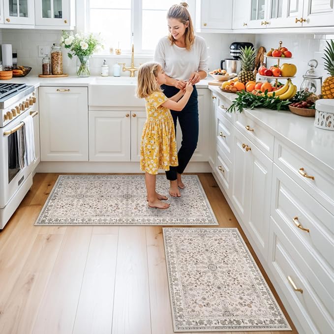 Kitchen Rugs Non-Slip Washable 2 Piece, Modern Boho Low Pile Stain-Resistant