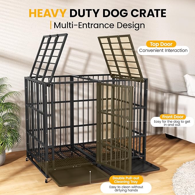 54 Inch Heavy Duty Dog Crate Indestructible XL Steel Escape Proof, Indoor High Anxiety Cage Kennel with Wheels, Removable Tray, Extra Large Kennel XL XXL