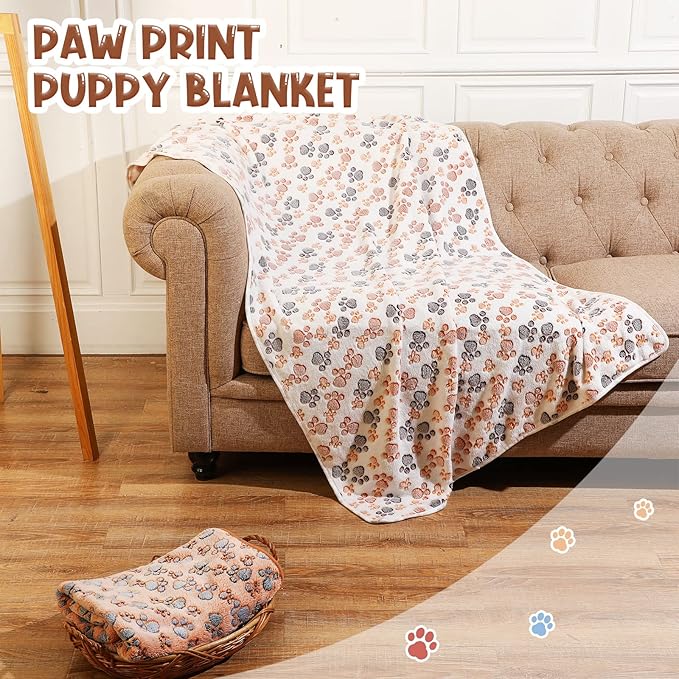 Tatuo 4 Pcs Dog Blanket for Pet Cat Blankets Indoor Puppy Teething Stuff Toys Paw Print Fleece Soft Blanket Sleep Mat for Guinea Pig Cage(White, Coffee, Pink, Purple,XXX-Large(51 x 63 Inch),Square)
