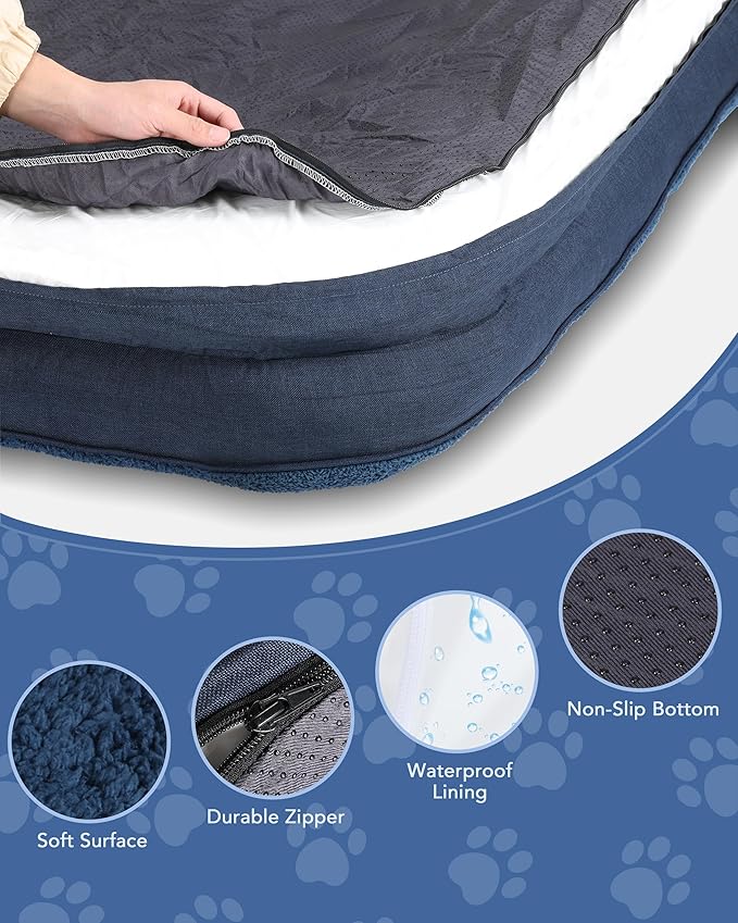 30'' x 20'' x 3.2'' L-Shaped Orthopedic Dog Beds, Small Dogs Bed with Removable Cover and Nonskid Bottom, Navy Blue