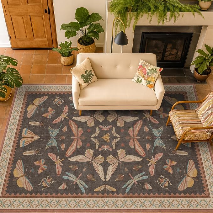 Washable Brown Farmhouse Rug 7x9, Low Pile Area Carpet
