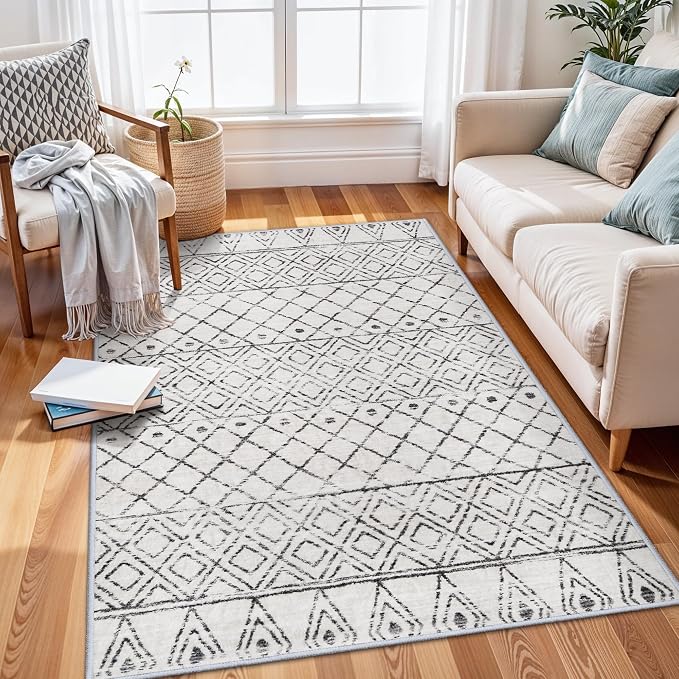 3x5 Washable Moroccan Area Rug: Ultra Soft Low Pile Non-Slip Rugs