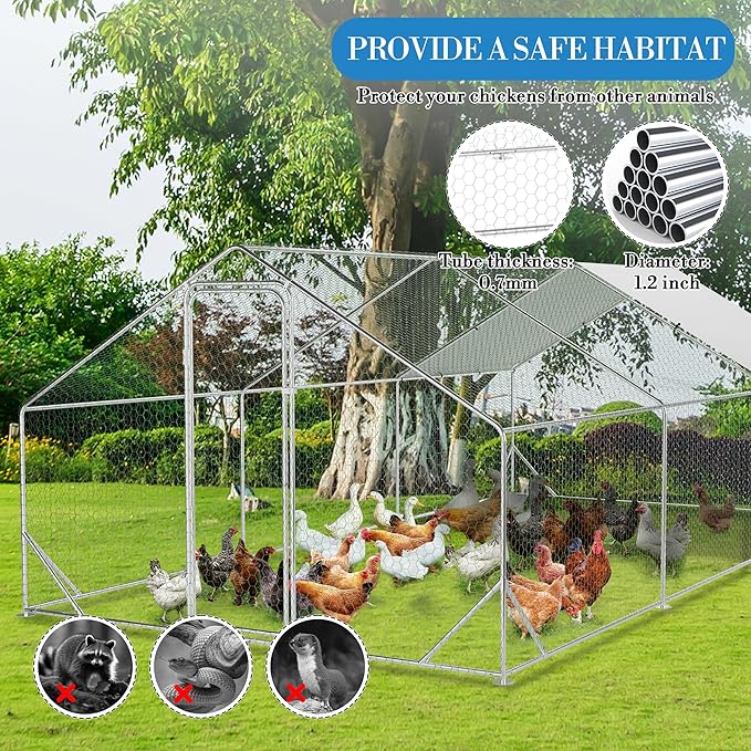 Large Metal Chicken Coop Run,Outdoor Walk-in Cage Peak Hen House with Waterproof and Anti-Uv Cover,Spire Roof Hen House with Security Lock for Outdoor,Backyard and Farm, 9.8 x 19.7 x 6.6 Ft