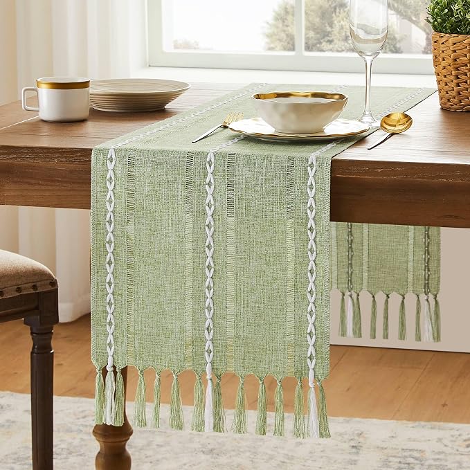 Hemstitched Farmhouse Table Runner, Sage Green 13x72 Inch, Cotton Linen Table