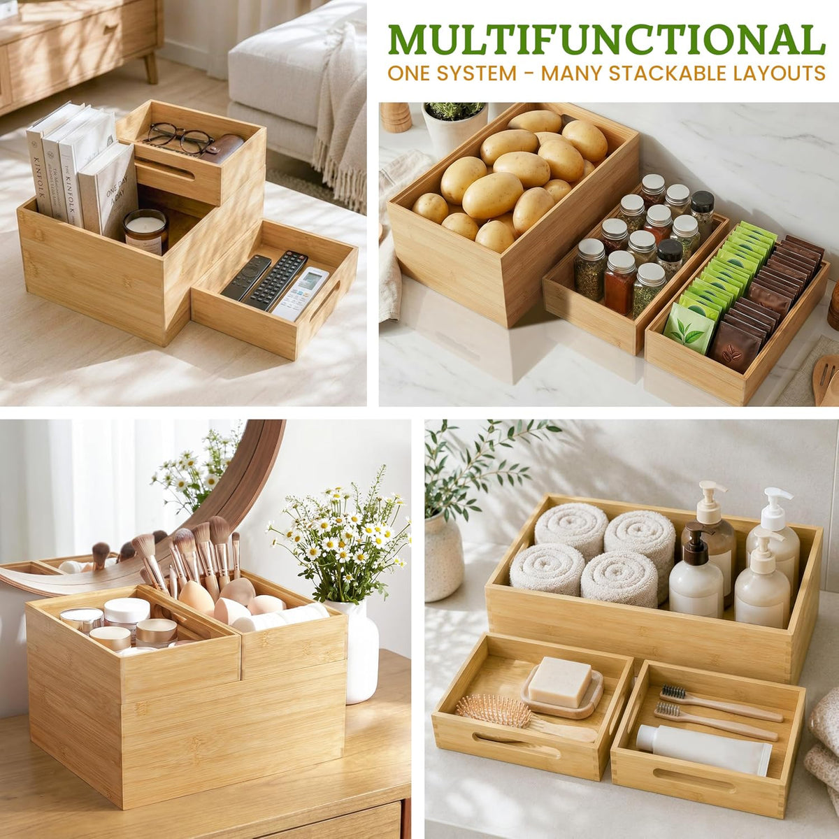 HOMESTEAD 3-Piece Stackable Bamboo Storage Box, Large Storage Bin, Wooden Boxes for Makeup Drawer Organizer Bathroom, Office Supplies, Kitchen Utensils, Bamboo Storage Containers