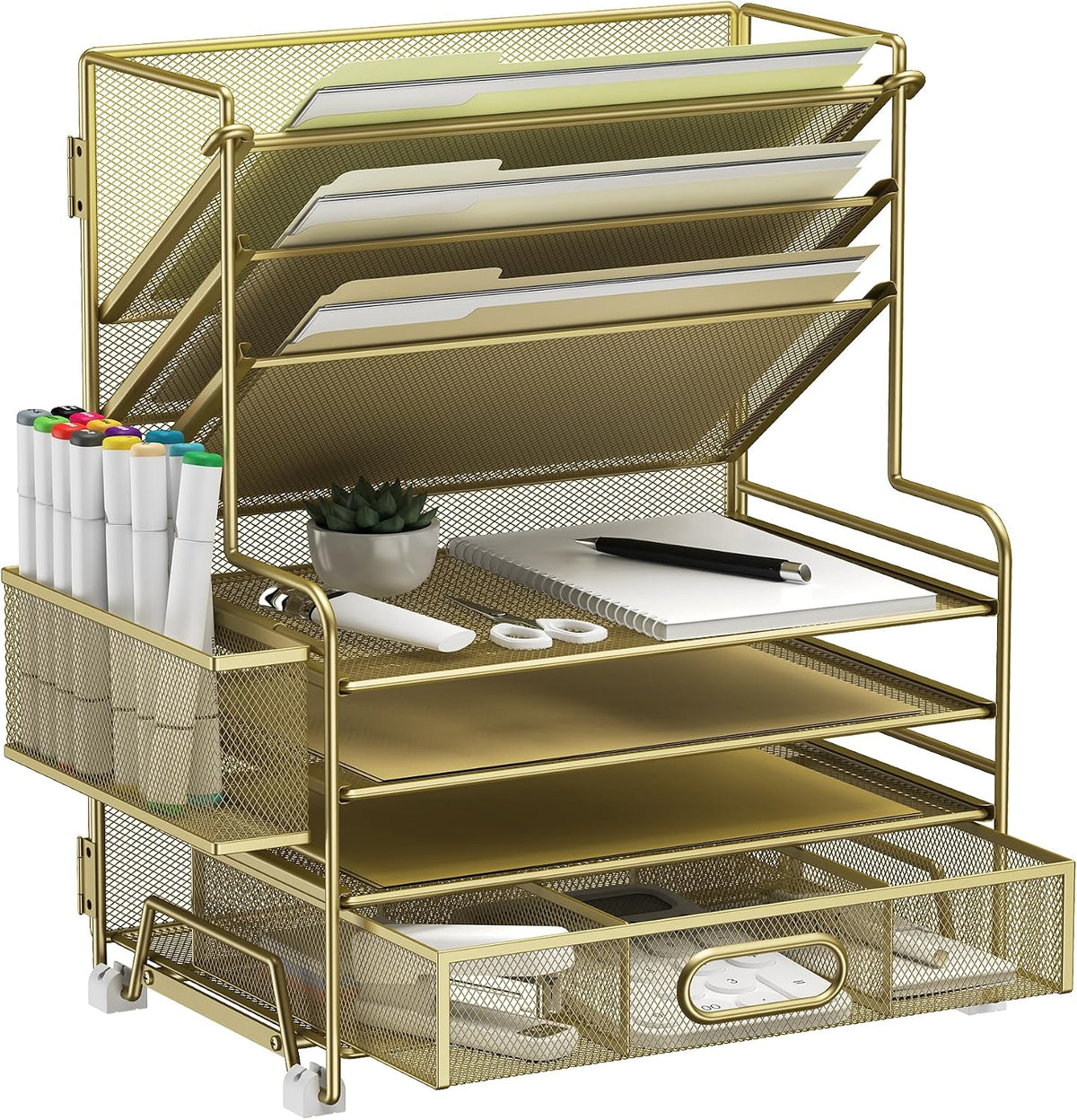 MINDEPOT 4-Tier Paper Organizer + 3-Pocket File Holder + Drawer + Pen Holders, Desktop File Organizers Paper Tray for Office Supplies School Classroom Organization (Gold, with Drawer & Pen Holder)