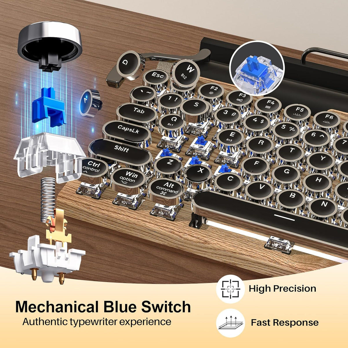 Retro Typewriter Wireless Mechanical Gaming Keyboard, Bluetooth 5.0 Office Computer Vintage Keyboards 83-Key Blue Switches Punk Round Keycap, LED Backlight, Compatible with PC/Laptop/Pad/Phone, Wood