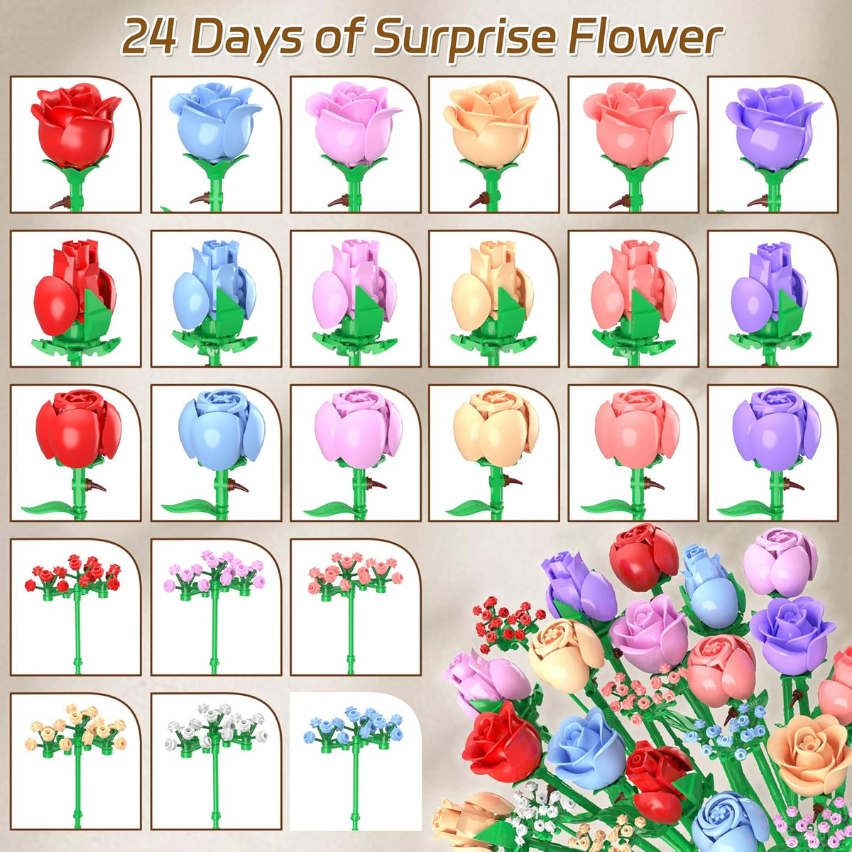 Sopu Flower Advent Calendar 2026, 24 Day Christmas Countdown Building Set - 1380 PCS Botanical Flower Bouquet Building Blocks, DIY Forever Flowers Gift for Teens & Adults, Home Decor