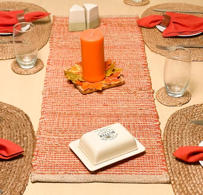Natural Jute Table Runner, 13x48 Inch, Rust Orange | Vintage Boho Rustic Table