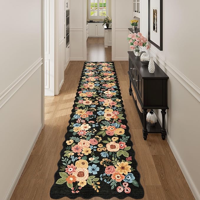DUKINO 2.6x12 Runner Rug for Hallway, Non Slip Floral Washable Kitchen Rug