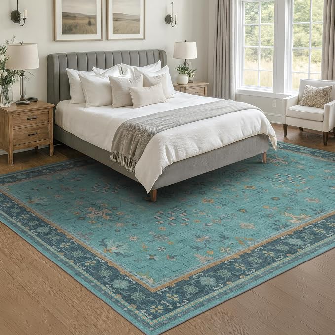 Large Boho 8x12 Teal Green Washable Living Room Rug