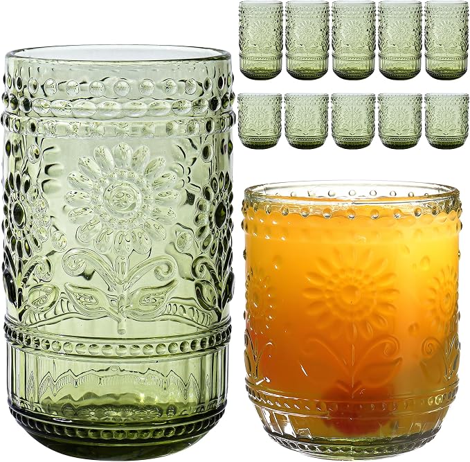 Green Drinking Glasses Set of 12, 16 Oz Highball & 13 Oz Cocktail Glasses