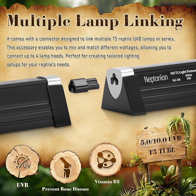 T5 Reptile UVB Light 34.5 Inches Fixture with UVB 10.0 Bulb High Output Hood for Terrariums, Basking Reptiles, Lizards, Chameleons, Iguanas, Bearded Dragons, 21W