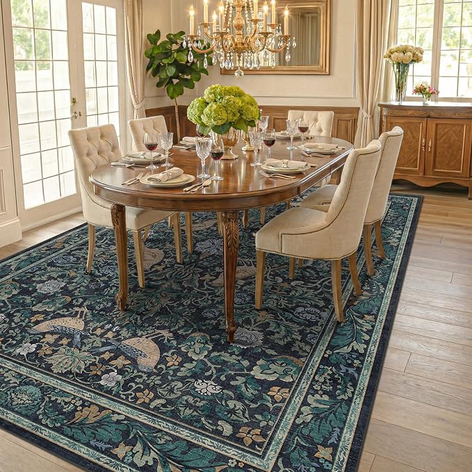 Dark Blue and Green Washable 8x10 Area Rugs