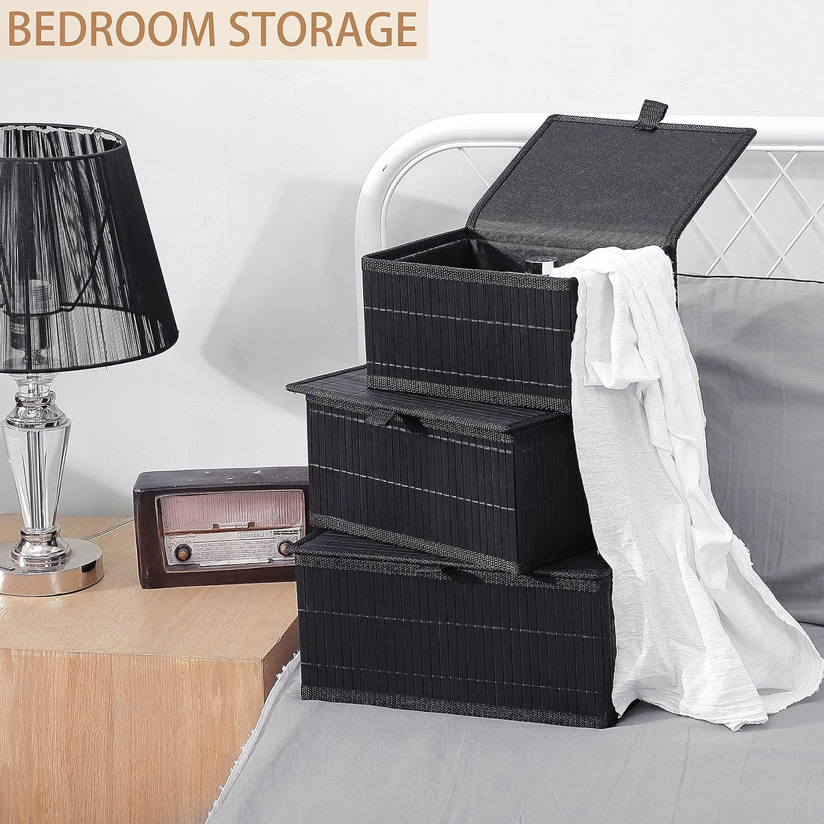 Honygebia Bamboo Decorative Storage Boxes - Set of 3 Woven Lined Storage Basket with Lids, Black Wicker Lidded Baskets for Home Kitchen Shelf Organizer Decor