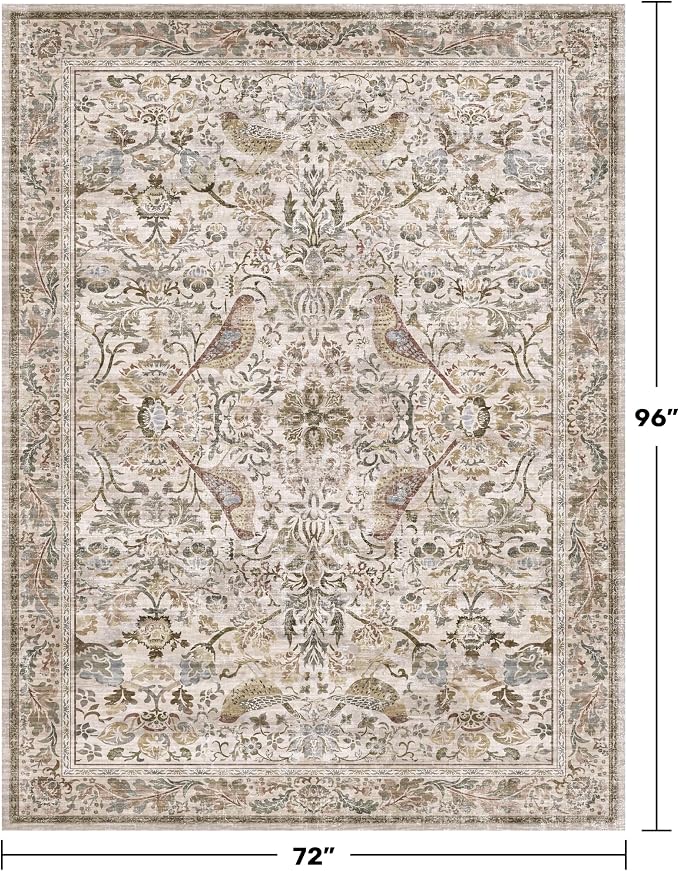 Washable 6x8 Floral Area Rug for Living Room, Boho Farmhouse Dining Room Rug