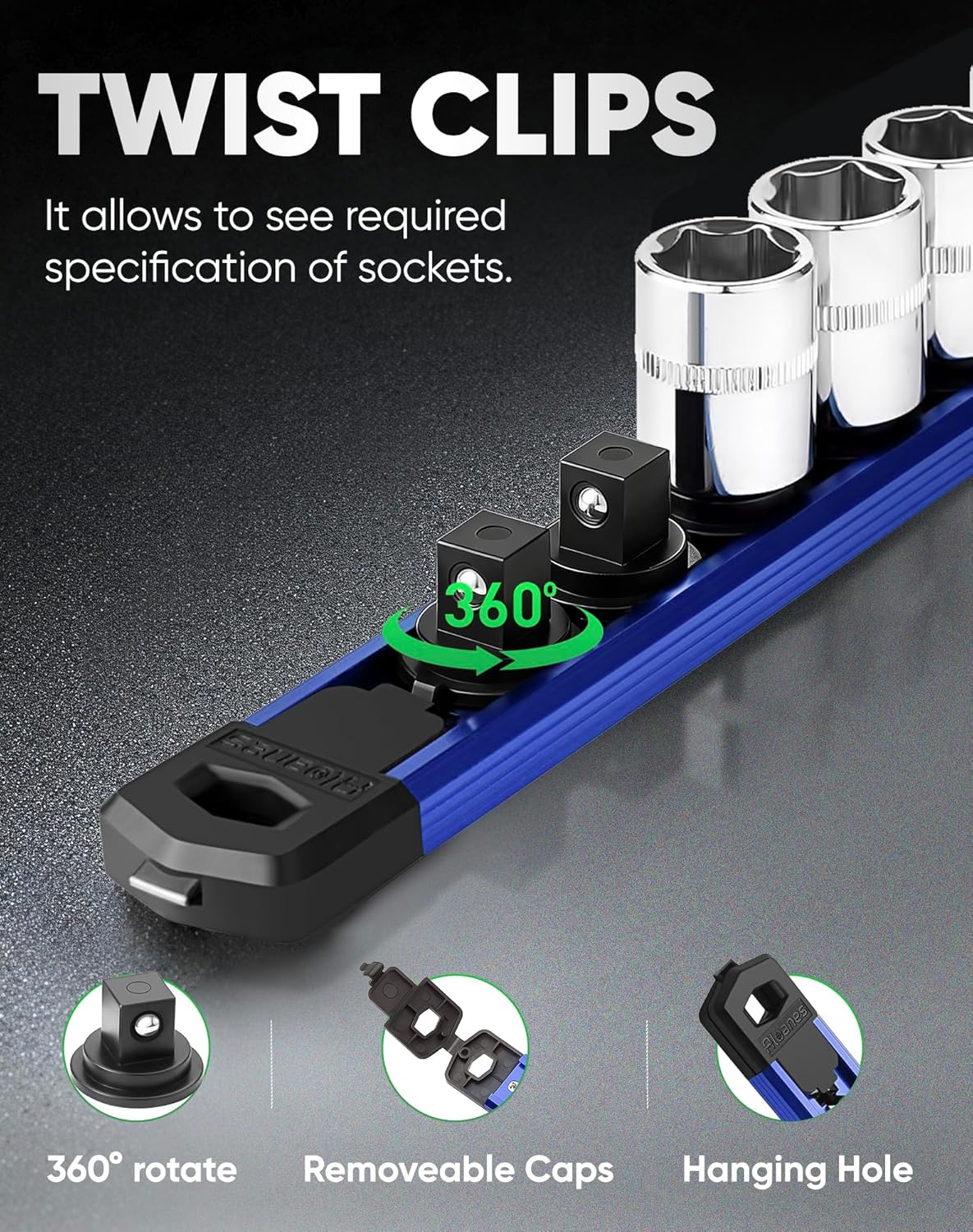 ALOANES Magnetic Socket Organizer, 1/2" Rail 36 Clips (Blue, 3PC)