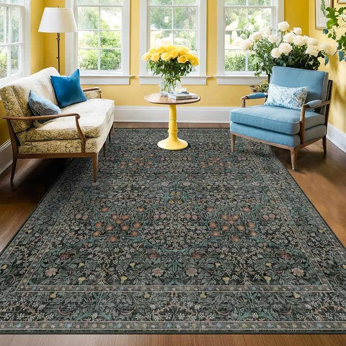 Washable Vintage 5x8 Living Room Rug, Dark Green Floral Area Rug