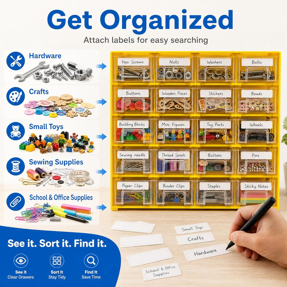 Goaste 20 Pack Drawer Stacking Storage Cabinet, Plastic Desktop Drawer Closet, Small Parts Screw Craft Organizer Container with 40 PCS Clear Dividers & 20 PCS Tag Cards for Home Office School Items