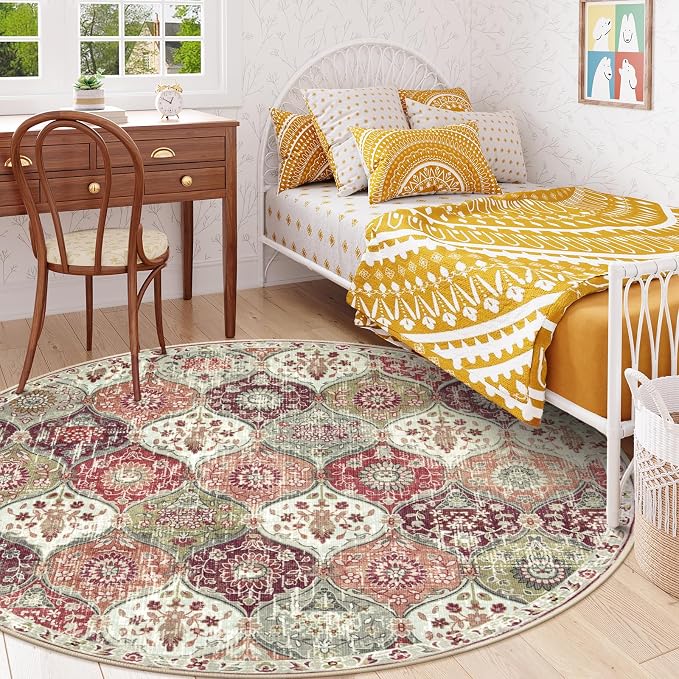 Lahome Moroccan Trellis Washable Round Area Rug, Round Rug 5ft Soft Non-Slip
