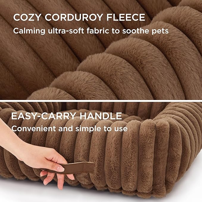 Bedsure Cute Dog Bed for Small Medium Dogs - Washable Furry Puppy Beds, Rectangle Orthopedic Corduroy Fleece Pet Beds with Removable Zipper Cover, 25x21x7inches, Camel Brown