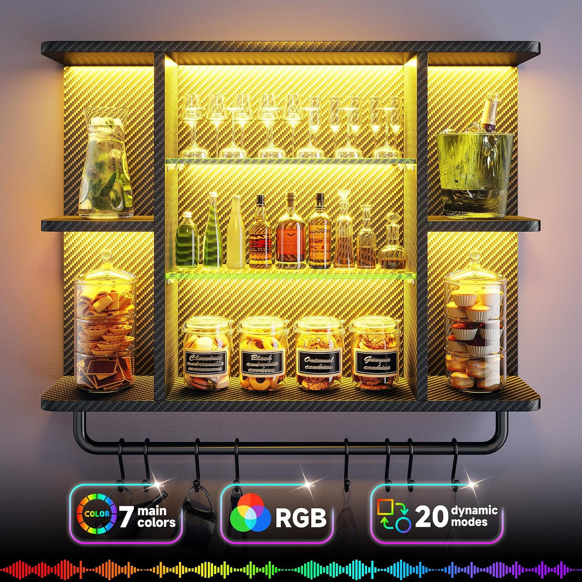 REIBII 34" Gaming Floating Shelves, LED Wall Mounted Shelf with Adjustable Glass Shelf, 7 Tiers Display Rack with 8 S-Hook, Gaming Room Decor Wine Coffee Bar, Black Carbon Fiber