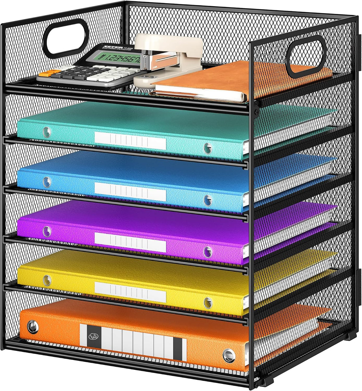 6 Tray Paper Organizer Letter Tray with Handle - Mesh Desk File Organizer, Paper Sorter Organizer for Office, Home or School File Folder Holder -Black