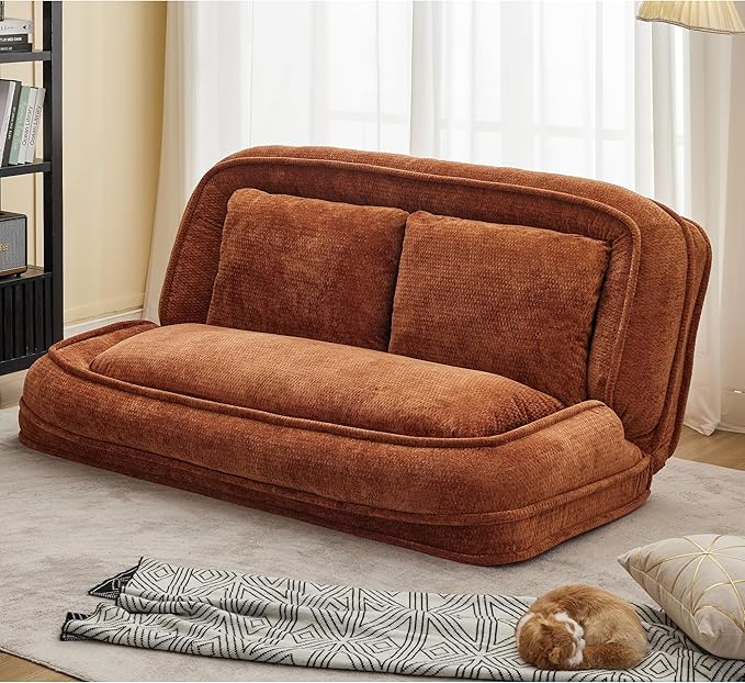Double Human Dog Bed for Adult and Kids, Comfy Foldable Lazy Floor Loveseat Sofa Bed with 5 Adjustable Position, Upholstered Floor Bean Bag Lounger Chair for Bedroom, Living Room,Office (Orange.)
